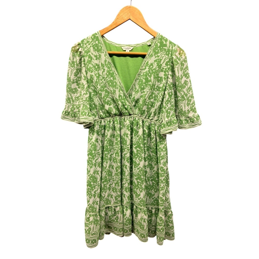 Max‎ Studio Green Floral Ruffle Dress Women's Small Chiffon Peasant Boho Mini